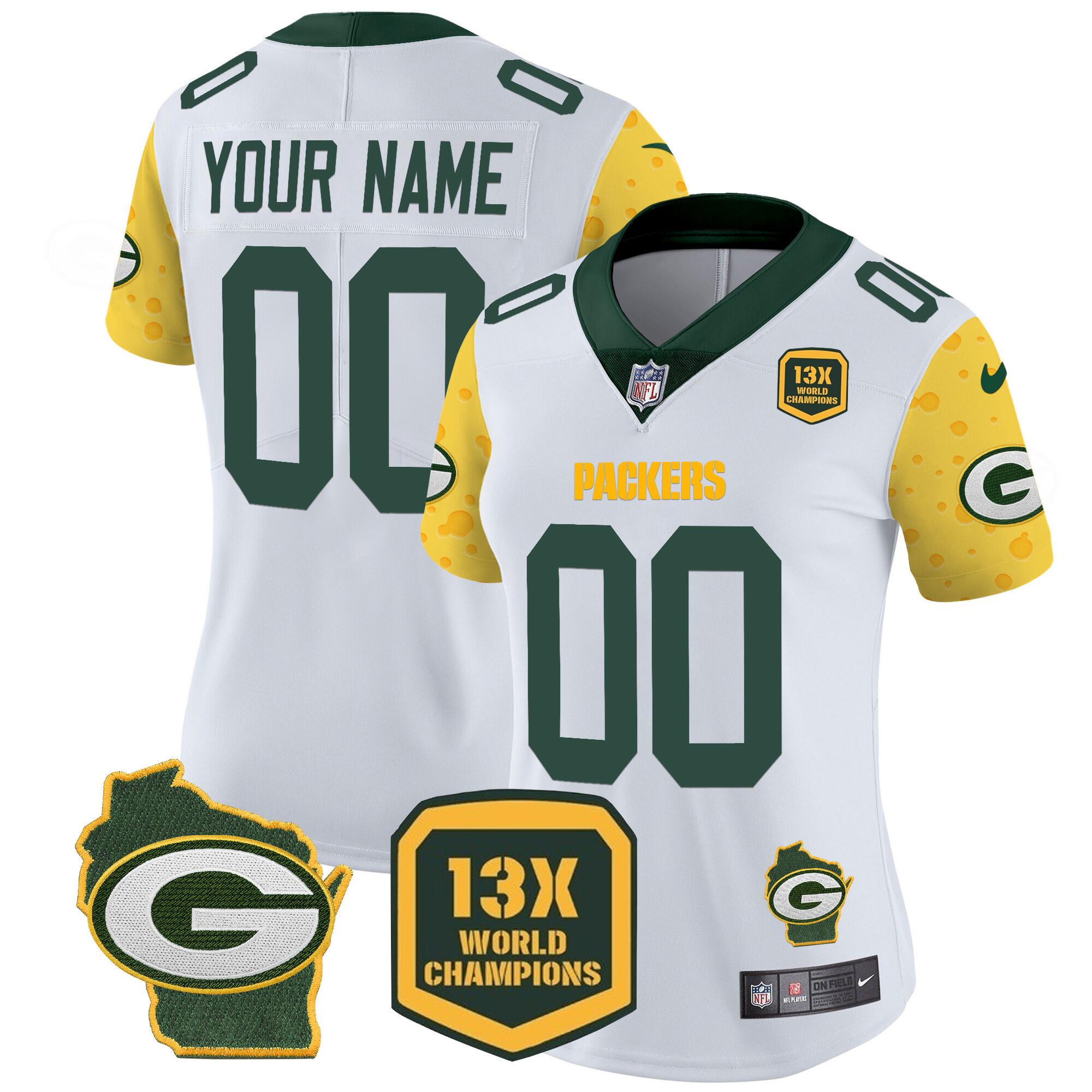 Women's Green Bay Packers ACTIVE PLAYER Custom Cheese White 2024 F.U.S.E. Home Patch 13 Time World Champions Vapor Untouchable Limited Stitched Football Jersey(Run Small) Women's Green Bay Packers ACTIVE PLAYER Custom Cheese White 2024 F.U.S.E. Home Patch 13 Time World Champions Vapor Untouchable Limited Stitched Football Jersey(Run Small)